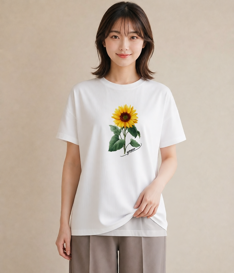 半袖Tシャツ レディース ひまわり 向日葵 花 花柄 イラスト 北欧風 女性 旅行用 白T