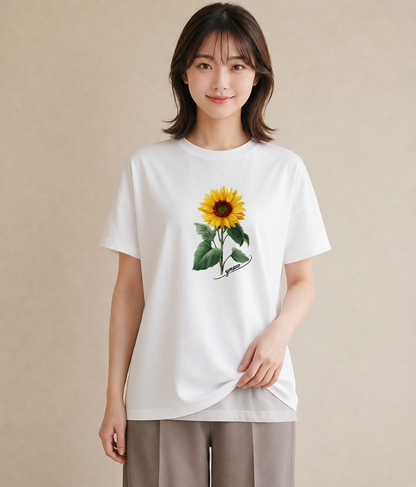 半袖Tシャツ レディース ひまわり 向日葵 花 花柄 イラスト 北欧風 女性 旅行用 白T