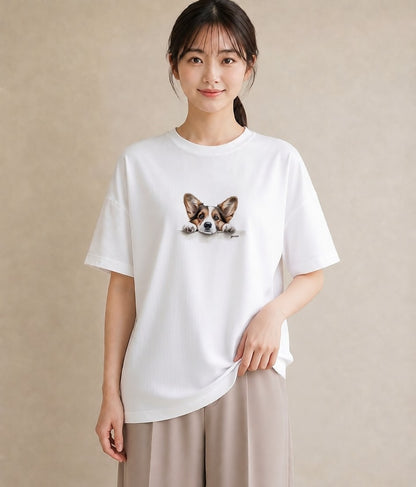 半袖Tシャツ レディース ウェルシュコーギー コーギー 犬 いぬ イラスト ニュアンス 綿100 デート 白T YMAZO