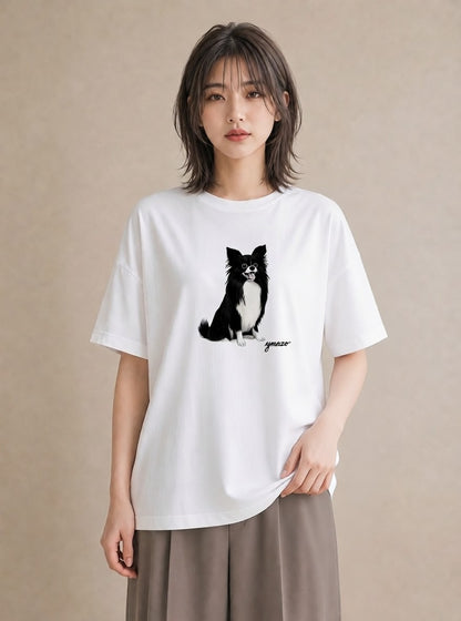 プリントTシャツ レディース ロングコートチワワ 犬 いぬ イラスト 上品 お揃い 親子 白T YMAZO