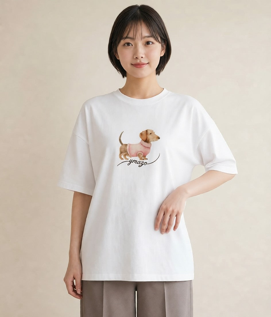 Tシャツ レディース ミニチュアダックスフンド 犬 いぬ イラスト ナチュラル 友達ギフト 部屋着 白T YMAZO