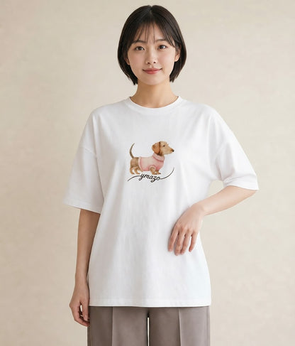 Tシャツ レディース ミニチュアダックスフンド 犬 いぬ イラスト ナチュラル 友達ギフト 部屋着 白T YMAZO