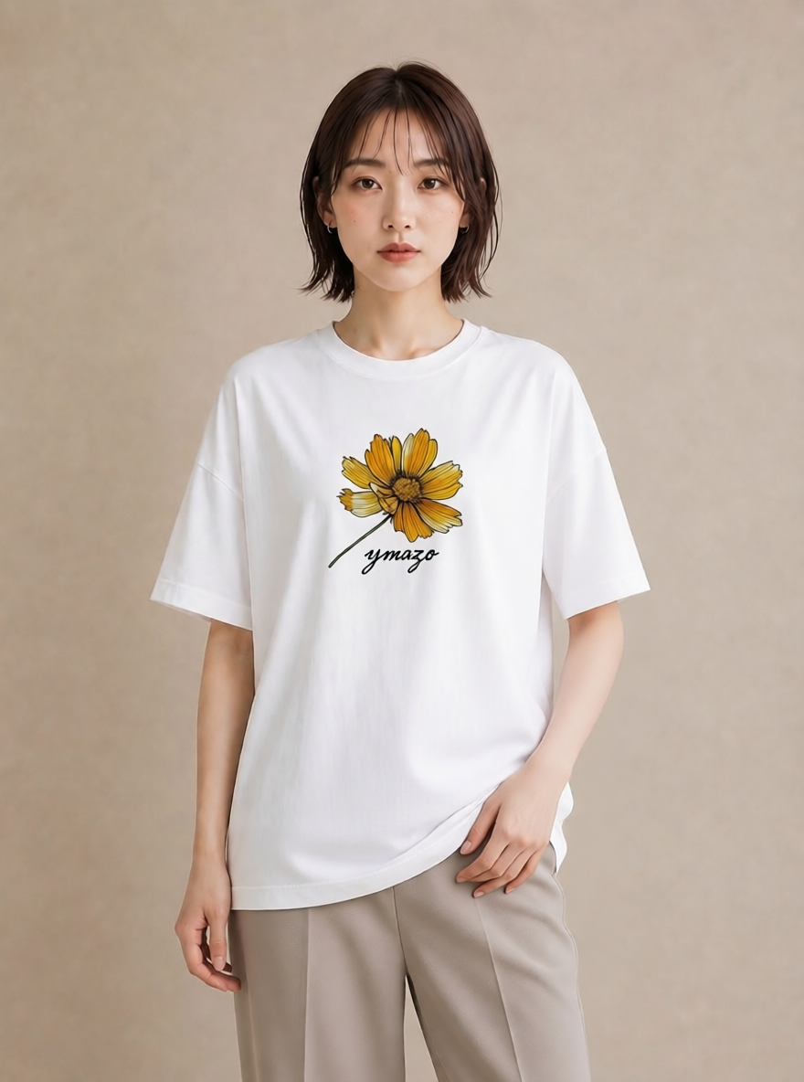Tシャツ レディース デイジー 花 花柄 イラスト アート風 通勤 在宅 白T YMAZO