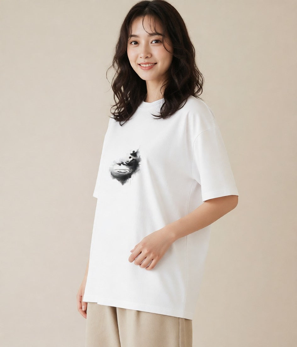 デザインTシャツ レディース 青の水彩 風景 ブルー ナチュラル アンティーク イラスト 海 カフェ巡り 白T YMAZO