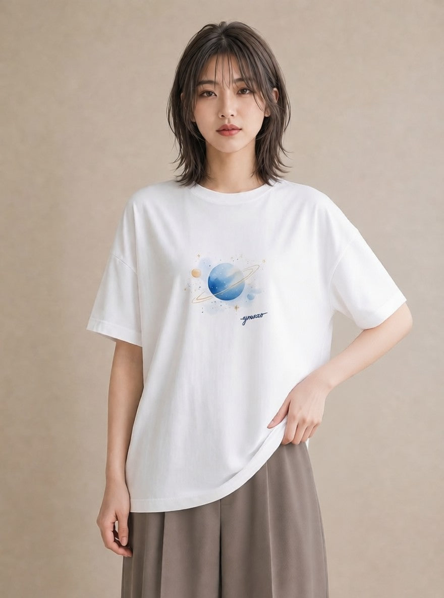 プリントTシャツ レディース 水瓶座 星空 宇宙 イラスト ユニーク ルームウェア ギフト 白T YMAZO