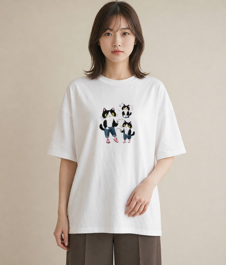 Tシャツ レディース ハチワレ 白黒猫 猫 ねこ イラスト ゆるかわ ビーチ デイリーウェア 白T YMAZO