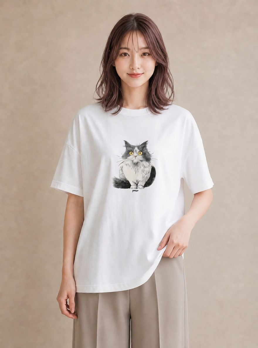 プリントTシャツ レディース メインクーン 猫 ねこ イラスト こなれ感 母娘コーデ 自分用 白T YMAZO