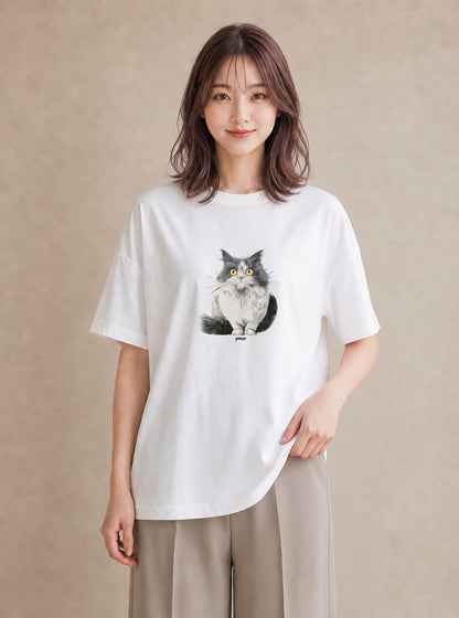 プリントTシャツ レディース メインクーン 猫 ねこ イラスト こなれ感 母娘コーデ 自分用 白T YMAZO