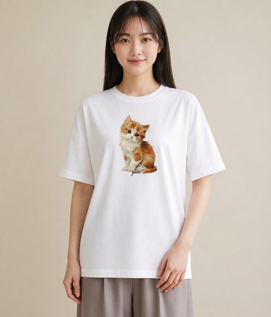 半袖Tシャツ レディース 茶トラ 茶猫 猫 ねこ イラスト モード 普段着 週末コーデ 白T YMAZO