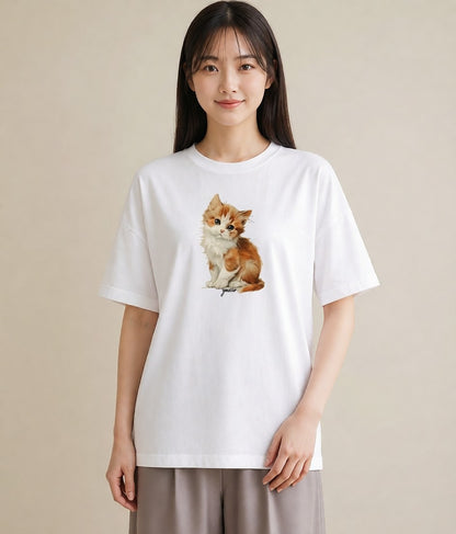 半袖Tシャツ レディース 茶トラ 茶猫 猫 ねこ イラスト モード 普段着 週末コーデ 白T YMAZO