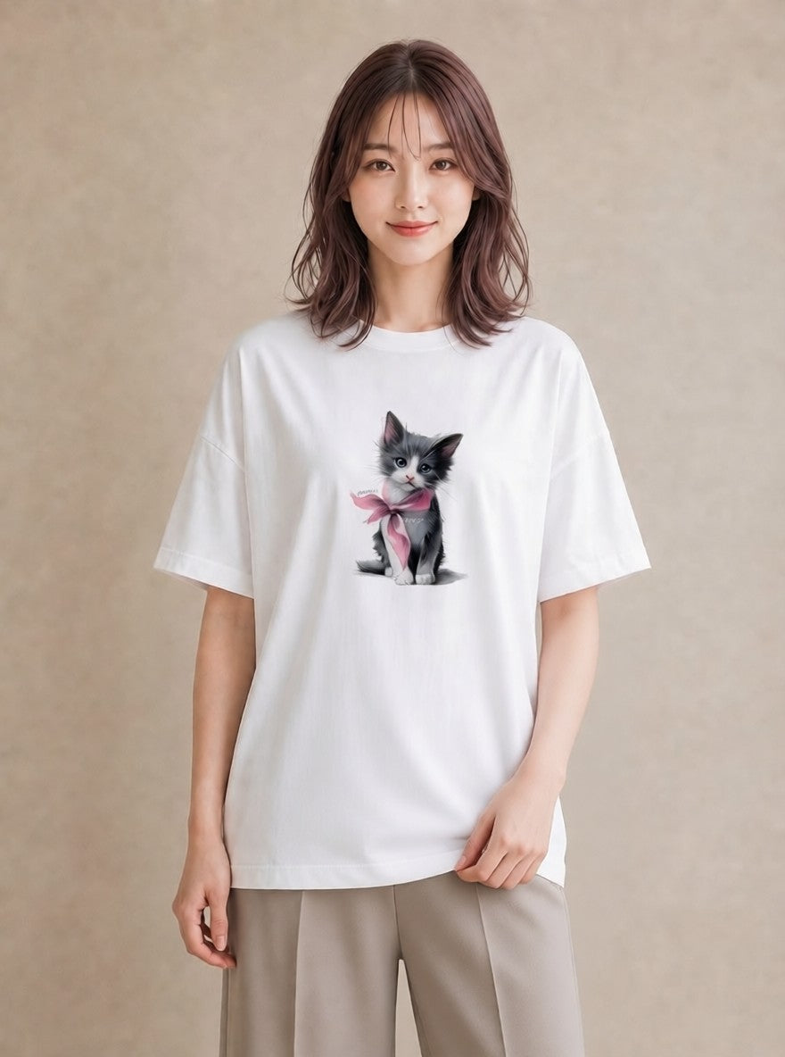 デザインTシャツ レディース ねこ 猫 ネコ イラスト 抜け感 敬老の日 ホワイトデー 白T YMAZO
