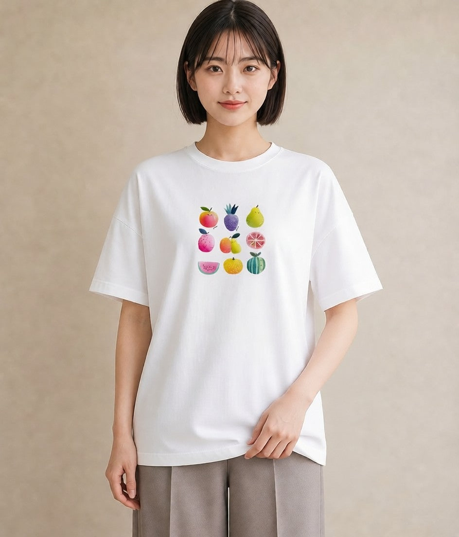 デザインTシャツ レディース メロン 食べ物 フード イラスト 淡色 デイリーウェア 休日 白T YMAZO