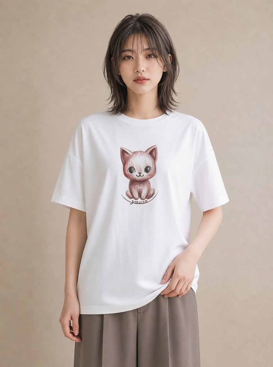 半袖Tシャツ レディース ニャンコ 猫 ねこ イラスト 個性的 デート 帰省 白T YMAZO