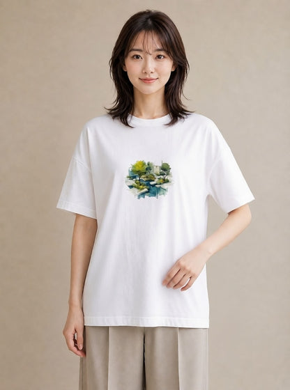プリントTシャツ レディース 雨上がりのベンチ ベンチ ナチュラル アンティーク イラスト 可愛い 散歩 お出かけ 白T YMAZO