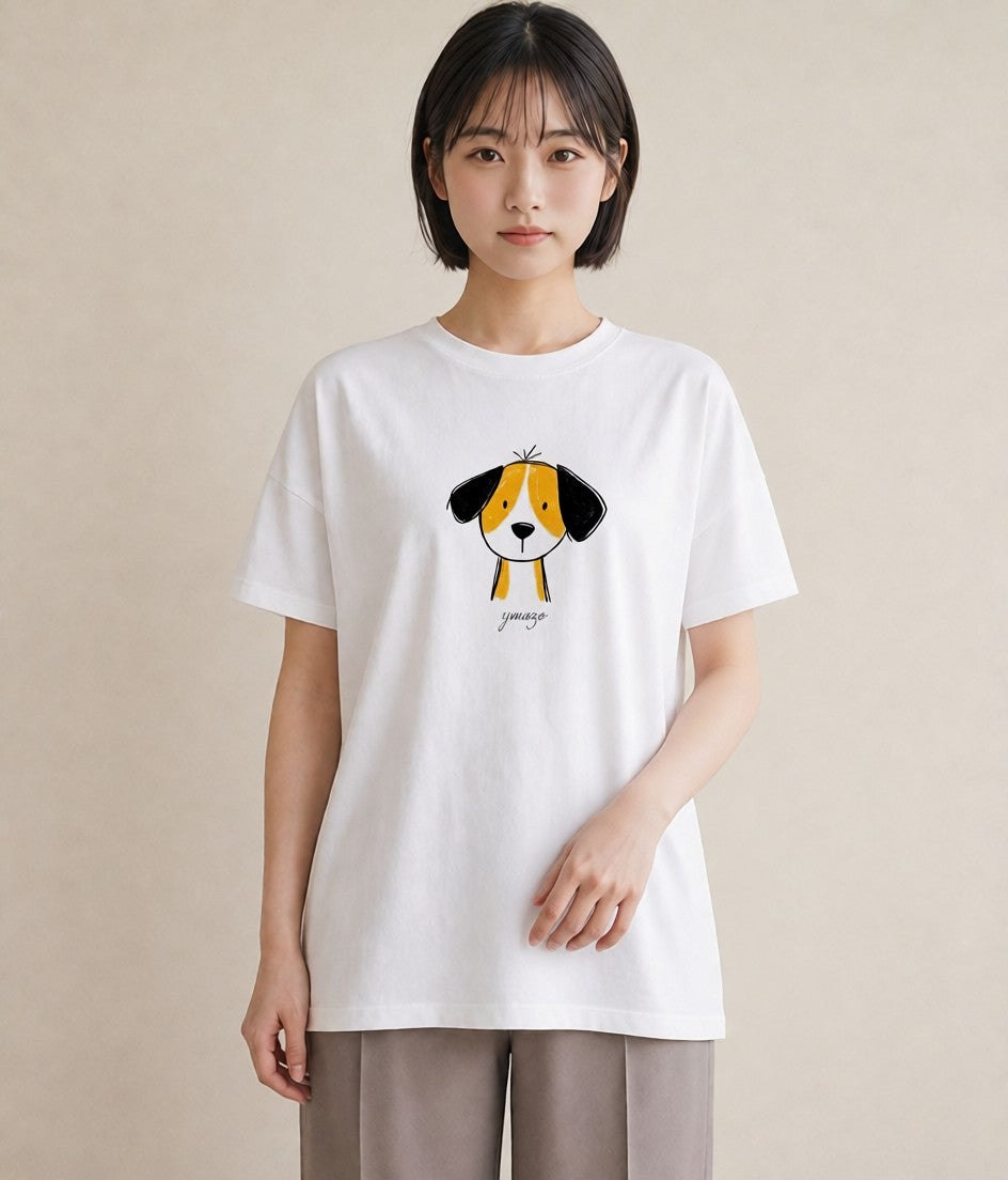 半袖Tシャツ レディース わんこ 犬 いぬ イラスト カジュアル 通勤 在宅 白T YMAZO