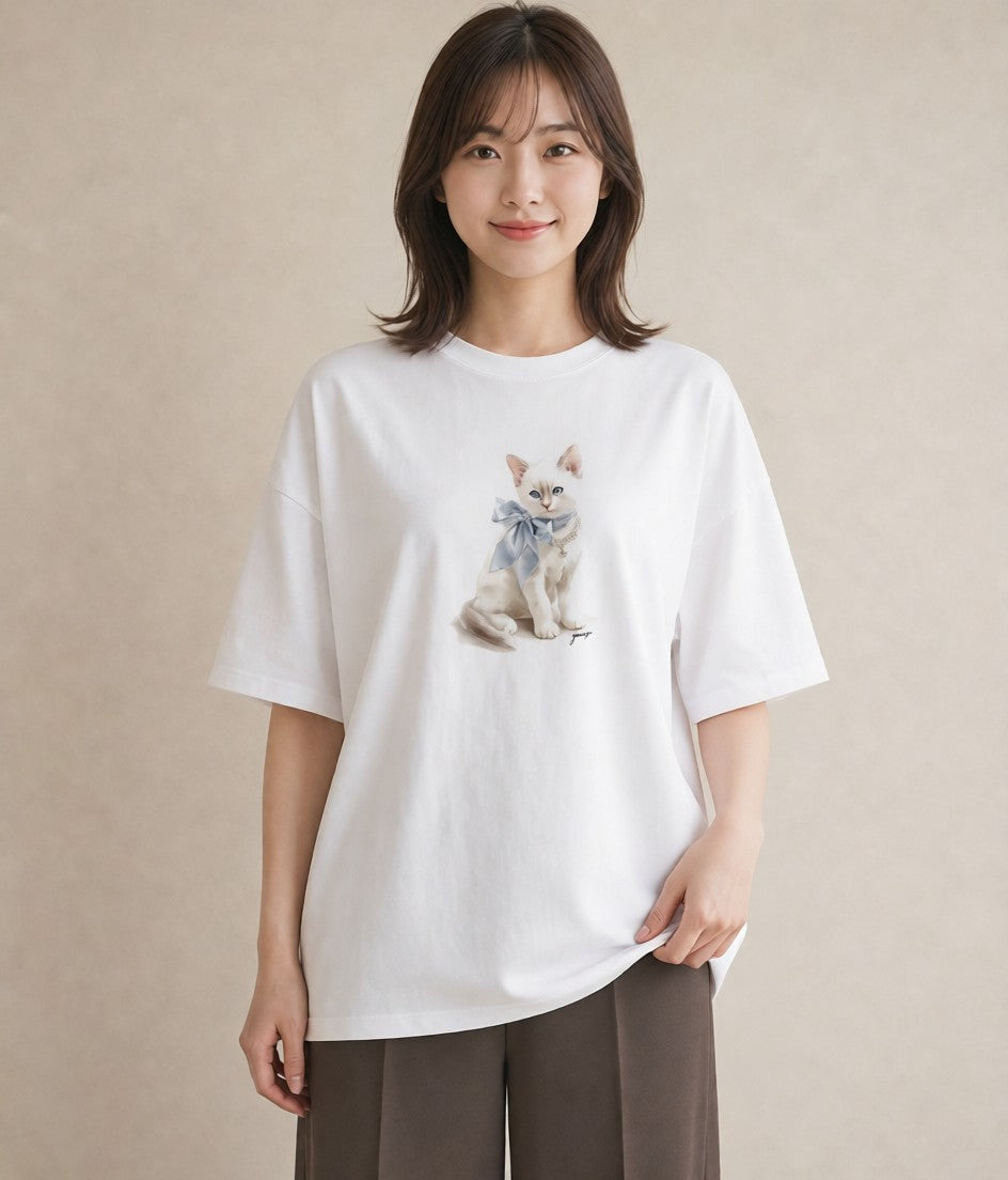 グラフィックTシャツ レディース 愛猫 猫 ねこ イラスト カジュアル 秋コーデ おしゃれギフト 白T YMAZO