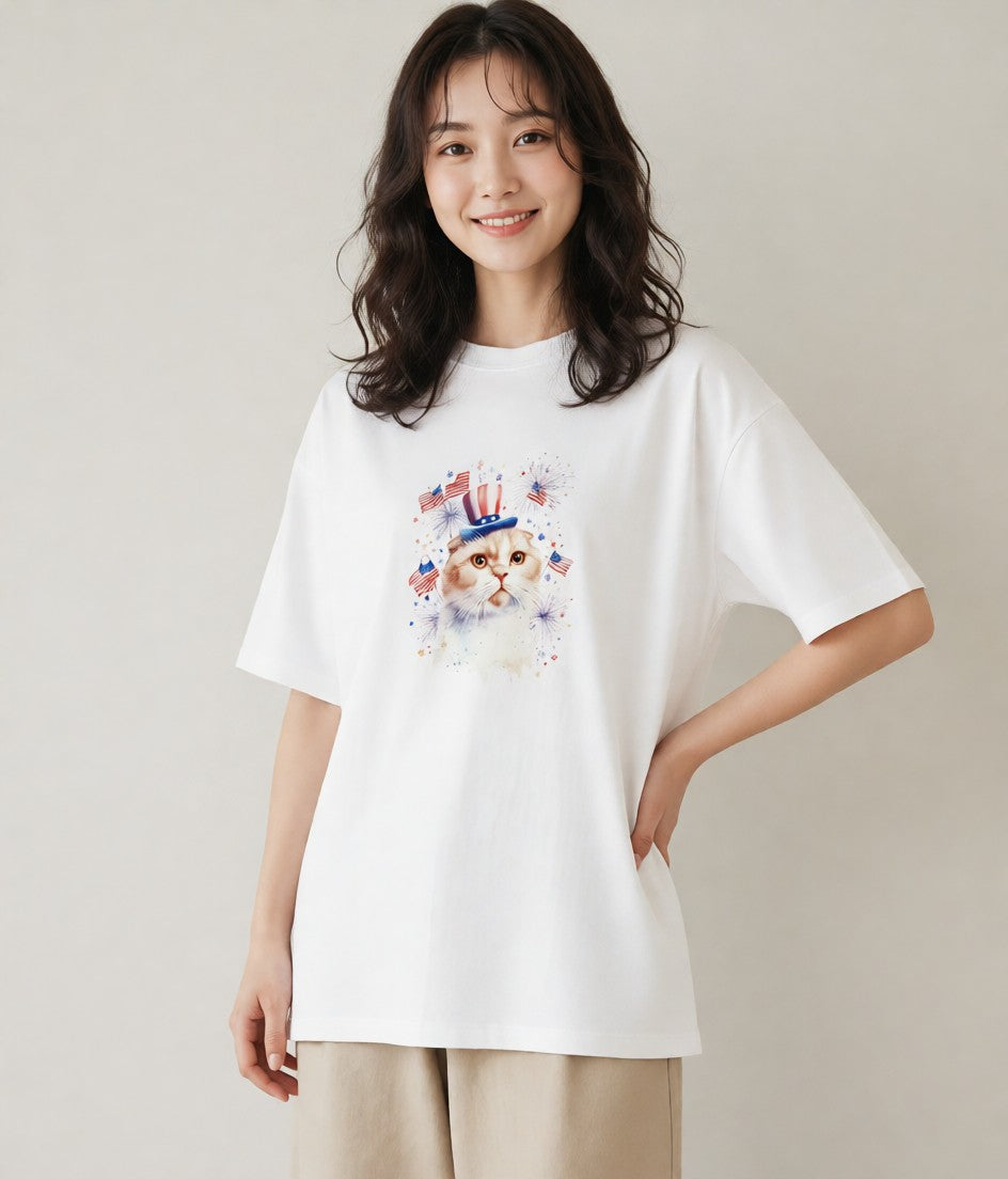 半袖Tシャツ レディース エキゾチックショートヘア 猫 ねこ イラスト レトロ 散歩 お出かけ 白T YMAZO