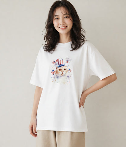 半袖Tシャツ レディース エキゾチックショートヘア 猫 ねこ イラスト レトロ 散歩 お出かけ 白T YMAZO