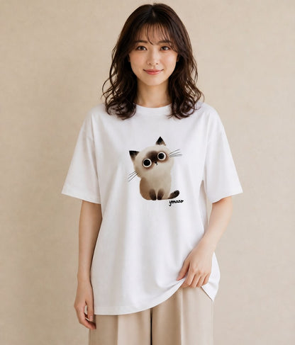 Tシャツ レディース ペルシャ 猫 ねこ イラスト 淡色 綿100 デート 白T YMAZO