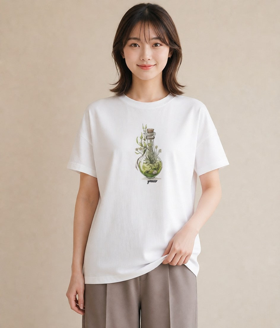 グラフィックTシャツ レディース ガラス瓶 小枝 ボタニカル ナチュラル アンティーク イラスト 休日 ペアコーデ 白T YMAZO