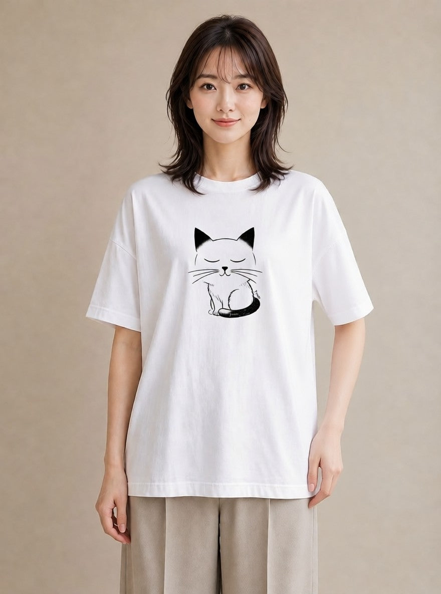 デザインTシャツ レディース 猫 ねこ ネコ イラスト デイリーウェア 休日 白T YMAZO