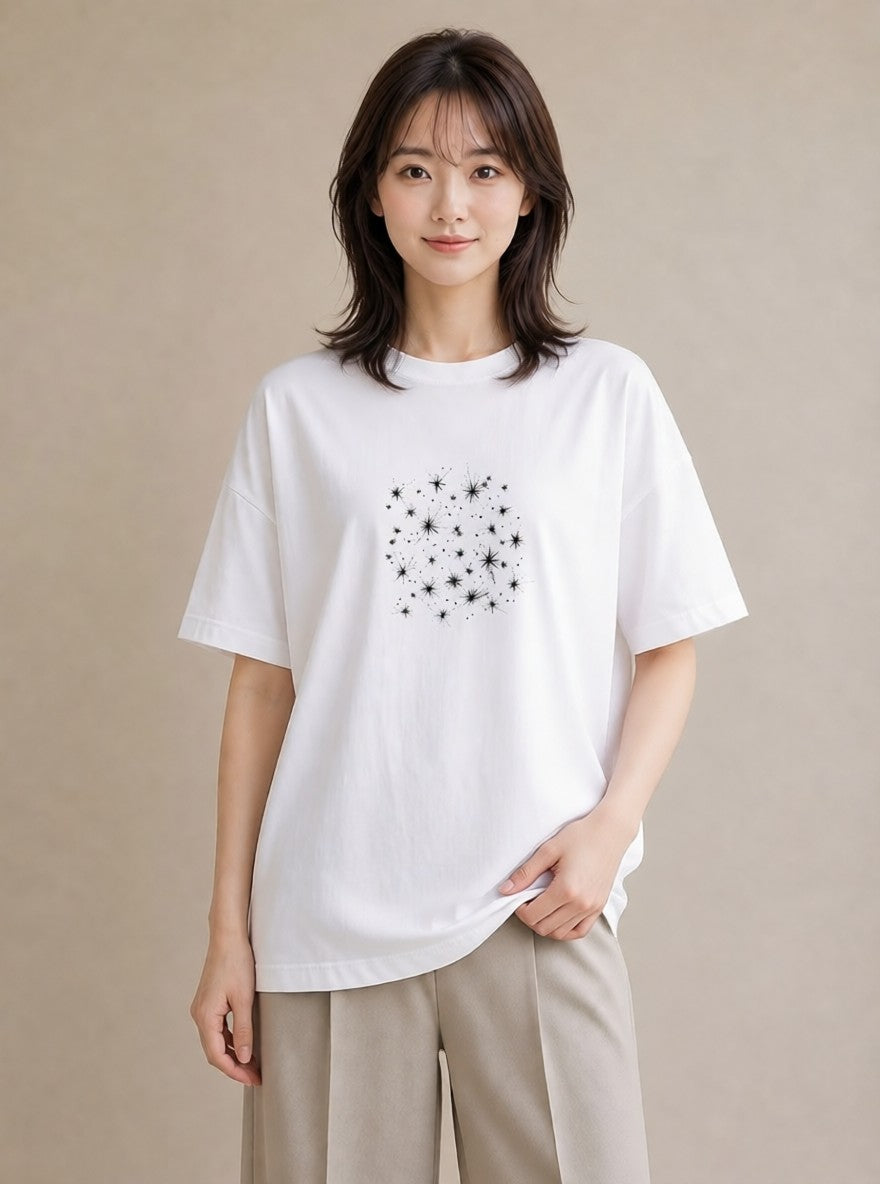 プリントTシャツ レディース 月と星 星空 ムーン イラスト 淡色 デート 帰省 白T YMAZO