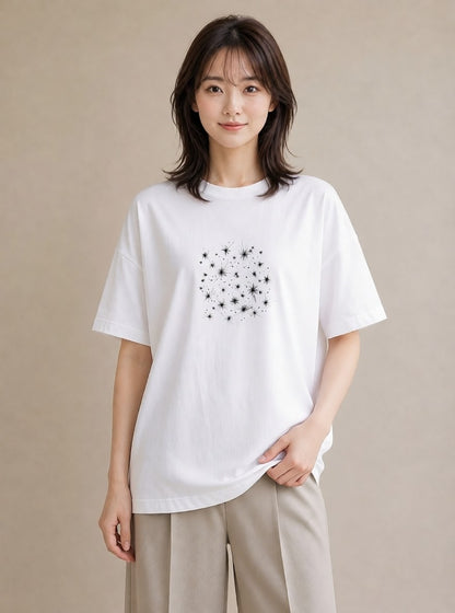 プリントTシャツ レディース 月と星 星空 ムーン イラスト 淡色 デート 帰省 白T YMAZO
