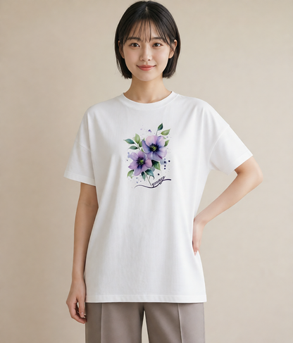 Tシャツ レディース スミレ 花 花柄 イラスト 線画 レイヤード 友達ギフト 白T