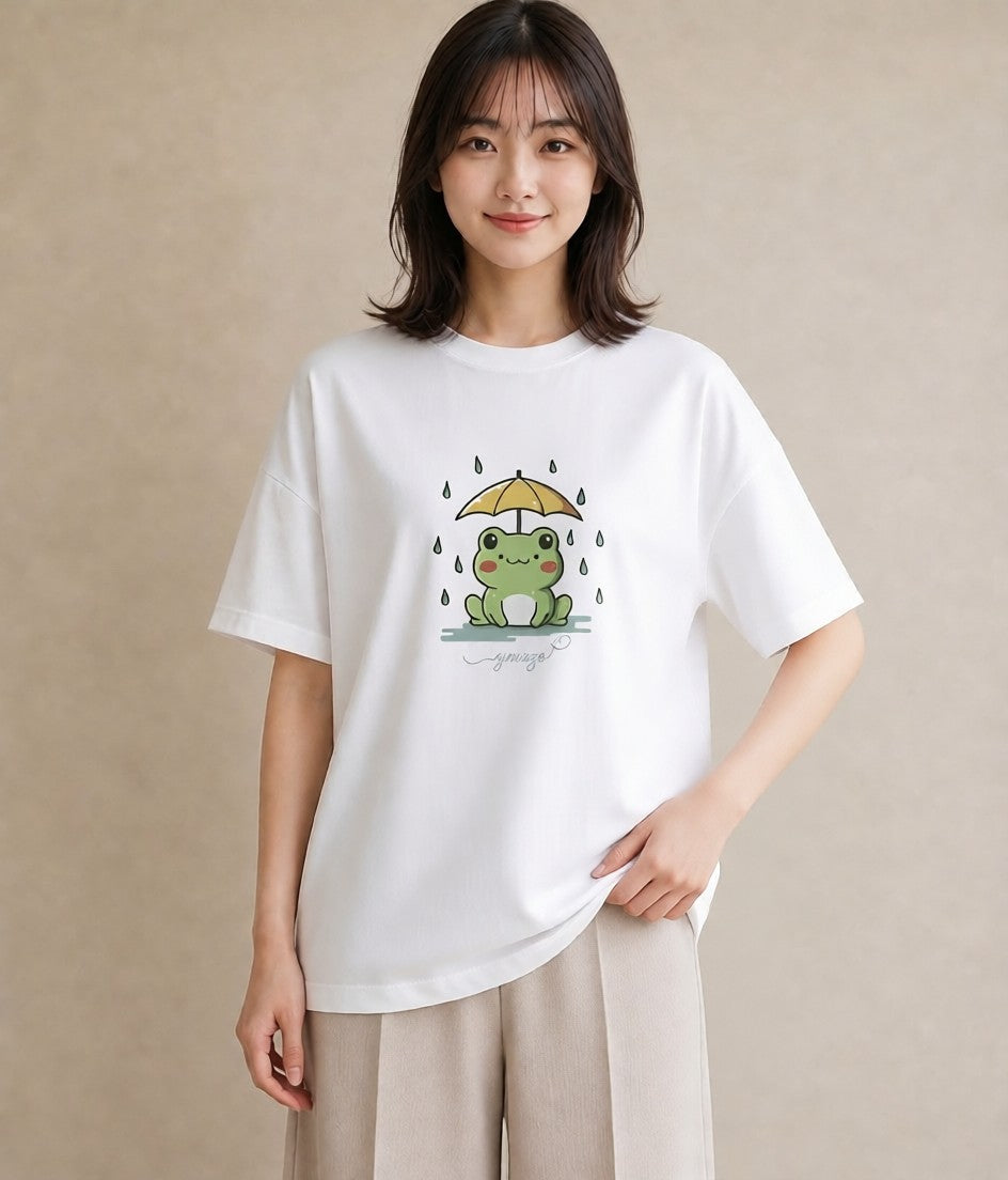 プリントTシャツ レディース 傘 水たまり 雨 ナチュラル アンティーク イラスト きれいめ デート 帰省 白T YMAZO