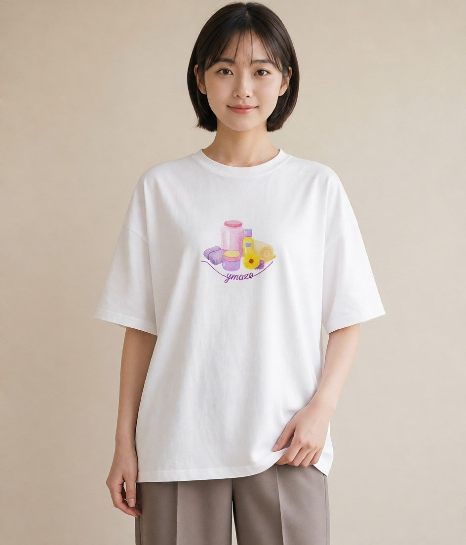 グラフィックTシャツ レディース パールピアス アクセサリー ナチュラル アンティーク イラスト アート風 レイヤード 友達ギフト 白T YMAZO