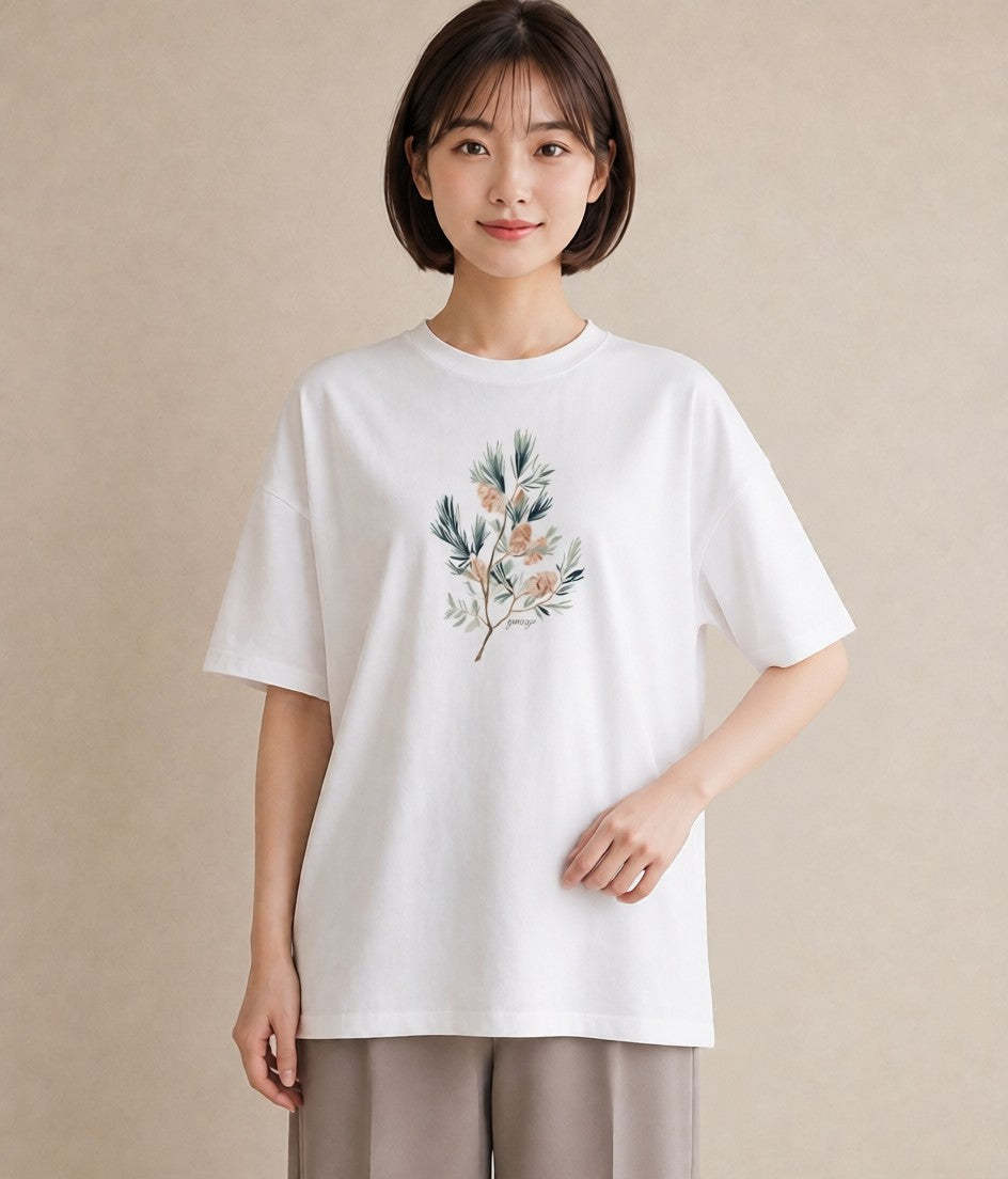 デザインTシャツ レディース 松ぼっくり 植物 ボタニカル イラスト 淡色 おしゃれギフト 社会人 白T YMAZO