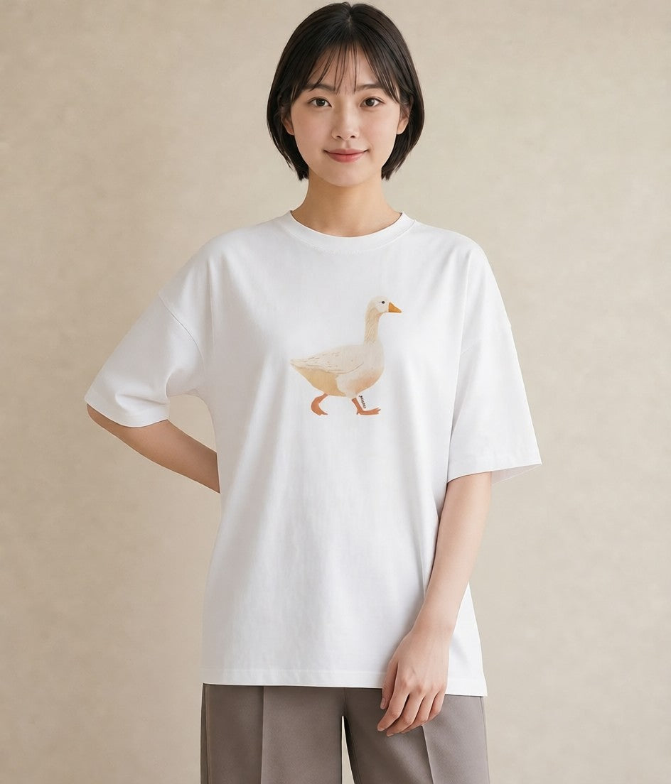 半袖Tシャツ レディース アヒル 動物 アニマル イラスト 普段使い 春コーデ 姉妹 白T YMAZO