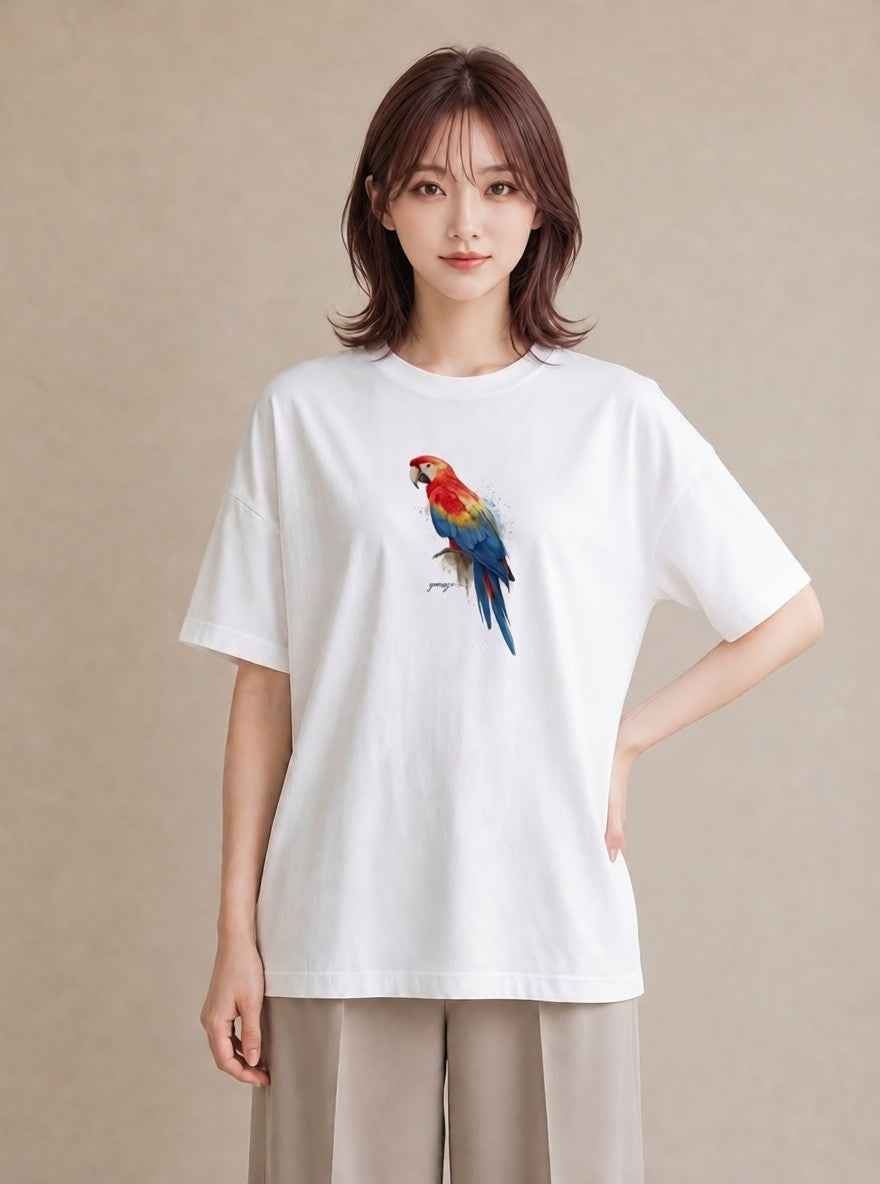 半袖Tシャツ レディース インコ ペット 動物 イラスト アート風 女性向けギフト 散歩 白T YMAZO