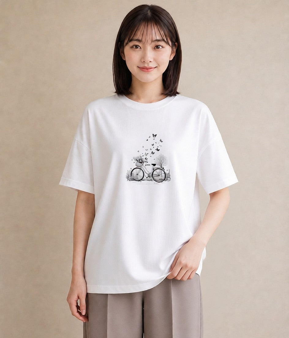 Tシャツ レディース 自転車のかご 自転車 花かご ナチュラル アンティーク イラスト 韓国風 散歩 お出かけ 白T YMAZO