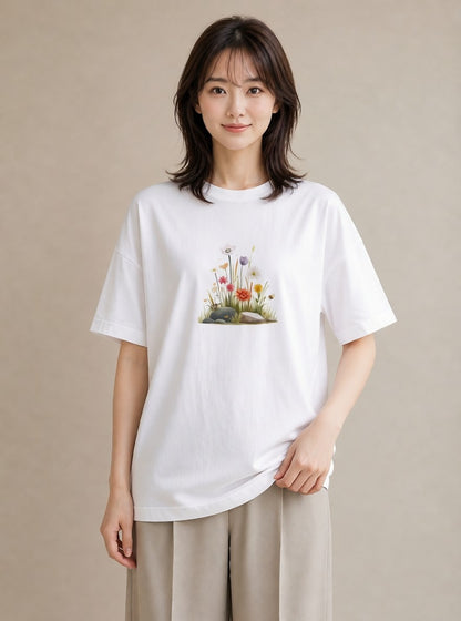 デザインTシャツ レディース ポスト 野の花 レトロ ナチュラル アンティーク イラスト きれいめ お出かけ 普段着 白T YMAZO
