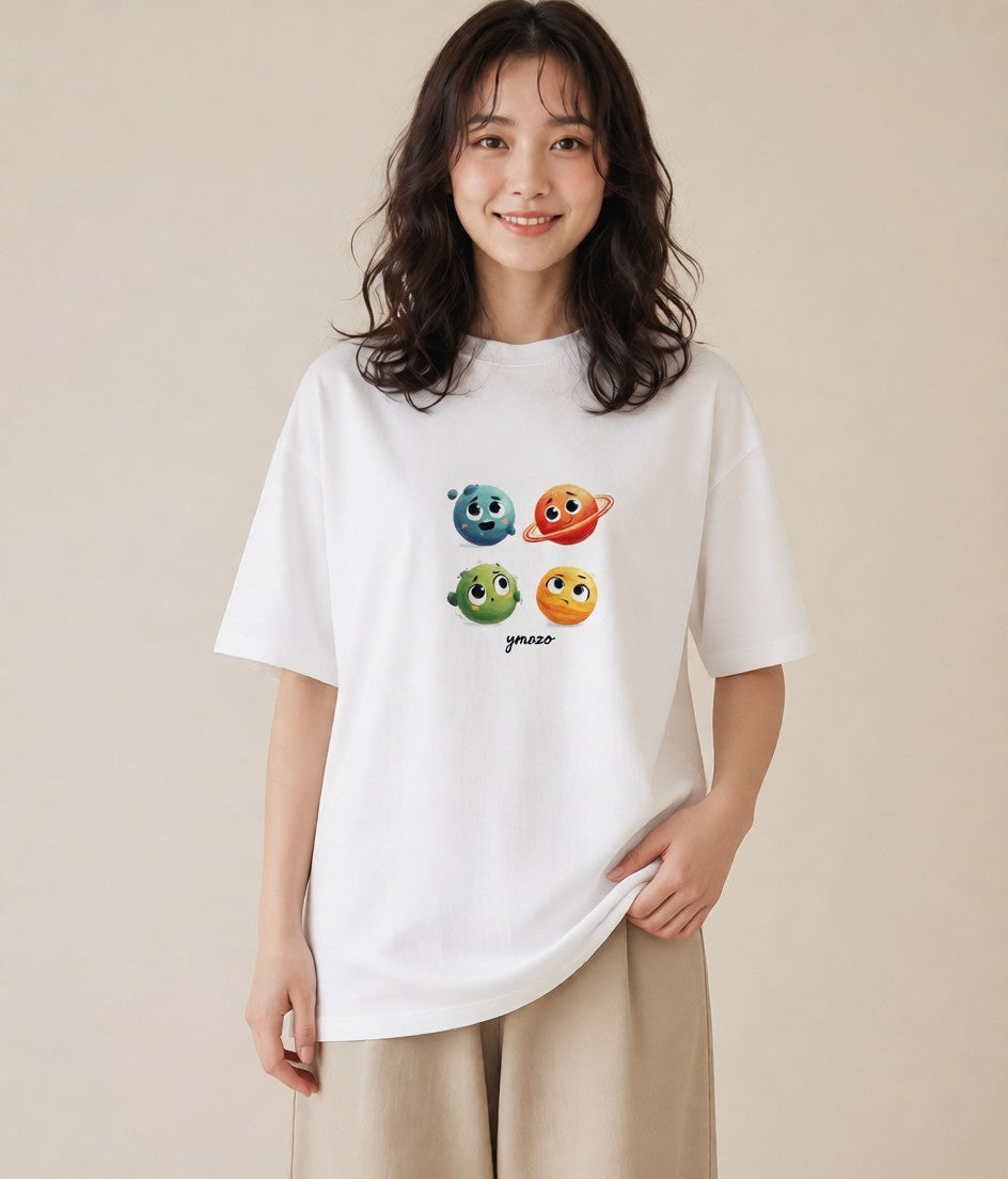 プリントTシャツ レディース 土星 星空 宇宙 イラスト 抜け感 春コーデ 姉妹 白T YMAZO