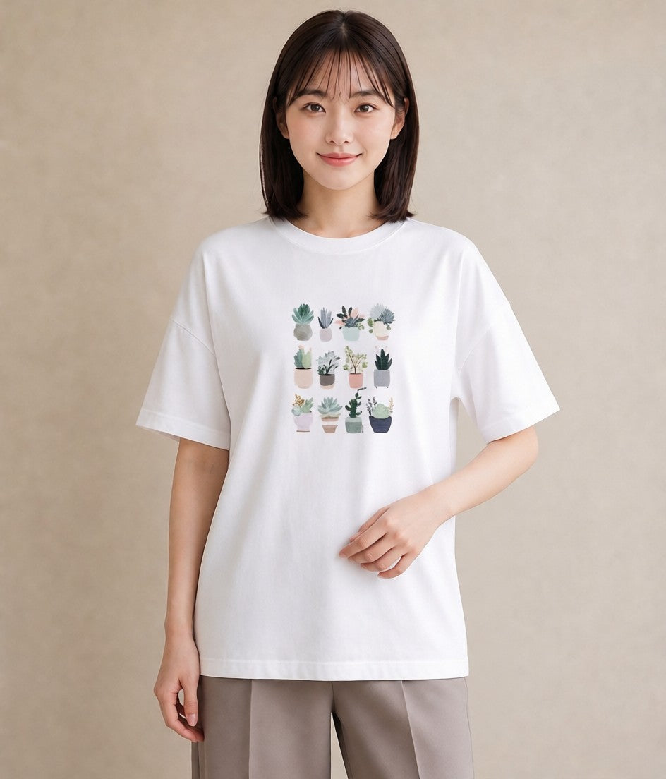 Tシャツ レディース 多肉植物 植物 ボタニカル イラスト きれいめカジュアル 自分用 ルームウェア 白T YMAZO