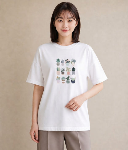 Tシャツ レディース 多肉植物 植物 ボタニカル イラスト きれいめカジュアル 自分用 ルームウェア 白T YMAZO