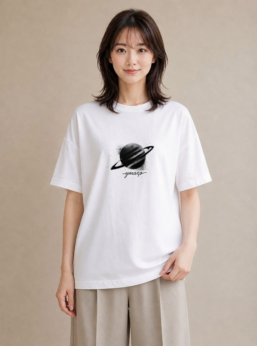 デザインTシャツ レディース 土星 星空 宇宙 イラスト 手描き風 ミセス 春コーデ 白T YMAZO