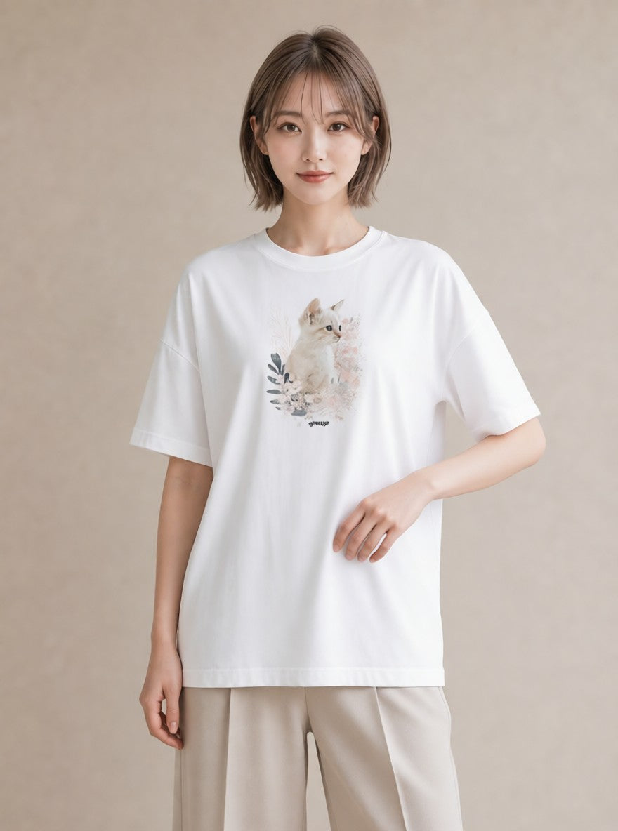 プリントTシャツ レディース シャム柄 猫 ねこ イラスト シンプル 女性向けギフト 散歩 白T YMAZO