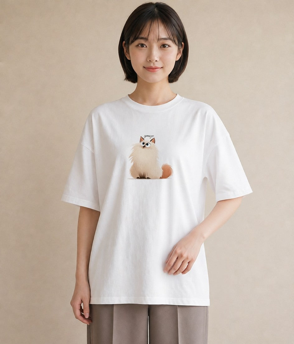 デザインTシャツ レディース ペルシャ 猫 ねこ イラスト シック レイヤード 友達ギフト 白T YMAZO