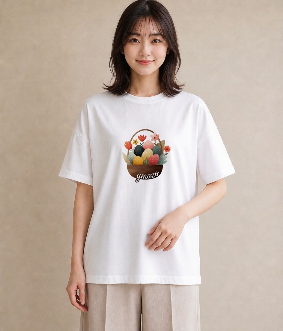 プリントTシャツ レディース 自転車のかご 自転車 花かご ナチュラル アンティーク イラスト 個性的 自分用 ルームウェア 白T YMAZO