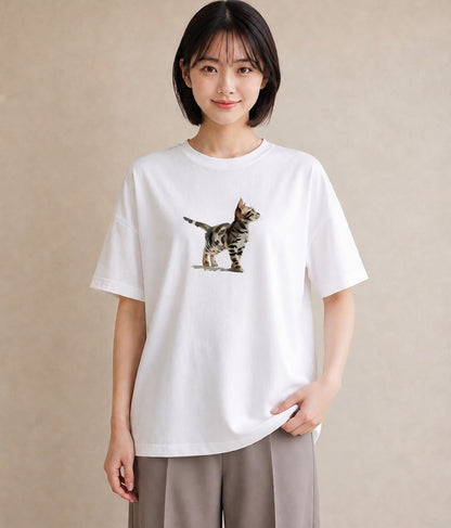 Tシャツ レディース 子猫 猫 ねこ イラスト ボタニカル 買い物 夏コーデ 白T YMAZO