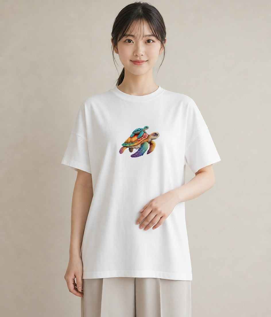デザインTシャツ レディース カメ ペット 動物 イラスト 北欧風 お揃い 親子 白T YMAZO