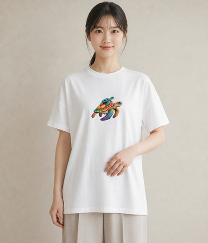 デザインTシャツ レディース カメ ペット 動物 イラスト 北欧風 お揃い 親子 白T YMAZO