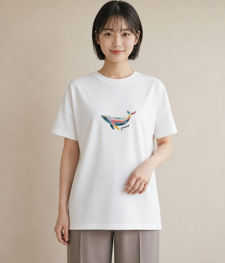 半袖Tシャツ レディース クジラ 海の生き物 海 イラスト 水彩風 休日 ペアコーデ 白T YMAZO