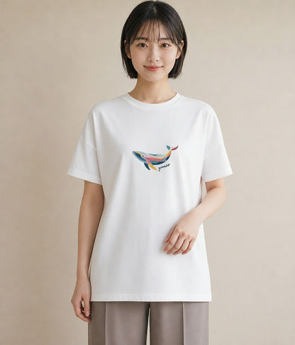 半袖Tシャツ レディース クジラ 海の生き物 海 イラスト 水彩風 休日 ペアコーデ 白T YMAZO