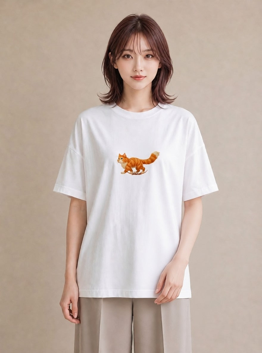 グラフィックTシャツ レディース 茶トラ 茶猫 猫 ねこ イラスト 淡色 自分用 ルームウェア 白T YMAZO