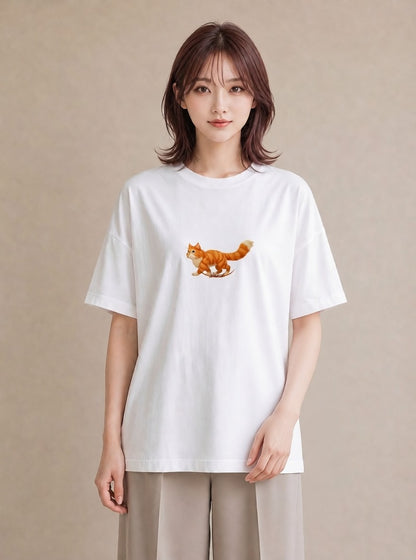 グラフィックTシャツ レディース 茶トラ 茶猫 猫 ねこ イラスト 淡色 自分用 ルームウェア 白T YMAZO