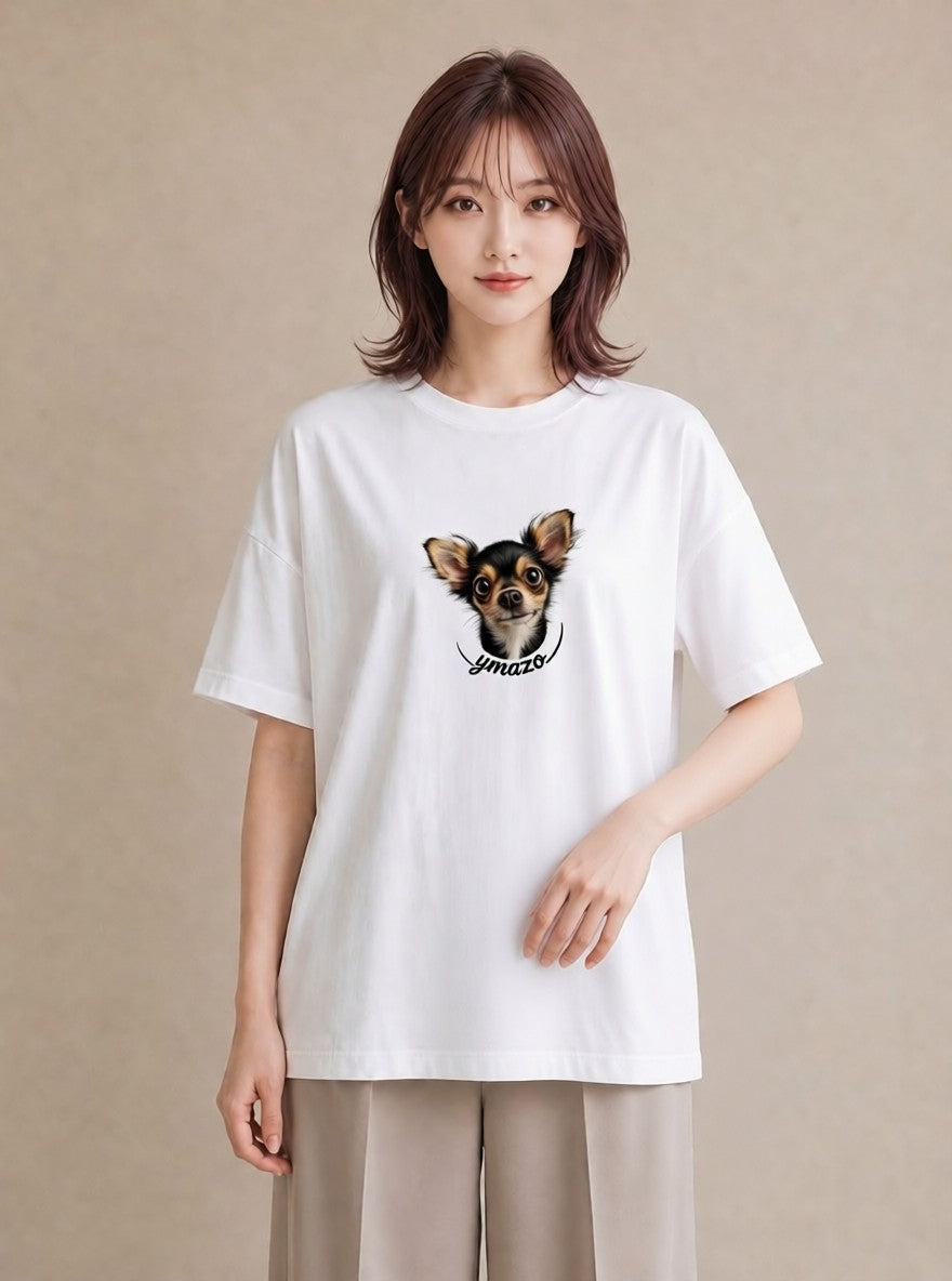 半袖Tシャツ レディース ロングコートチワワ 犬 いぬ イラスト ミニマル 姉妹 送別ギフト 白T YMAZO